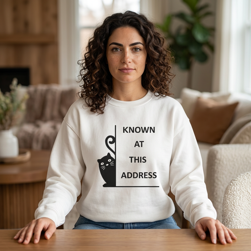 Woman wearing a white sweatshirt with a black cat graphic and text in a living room.